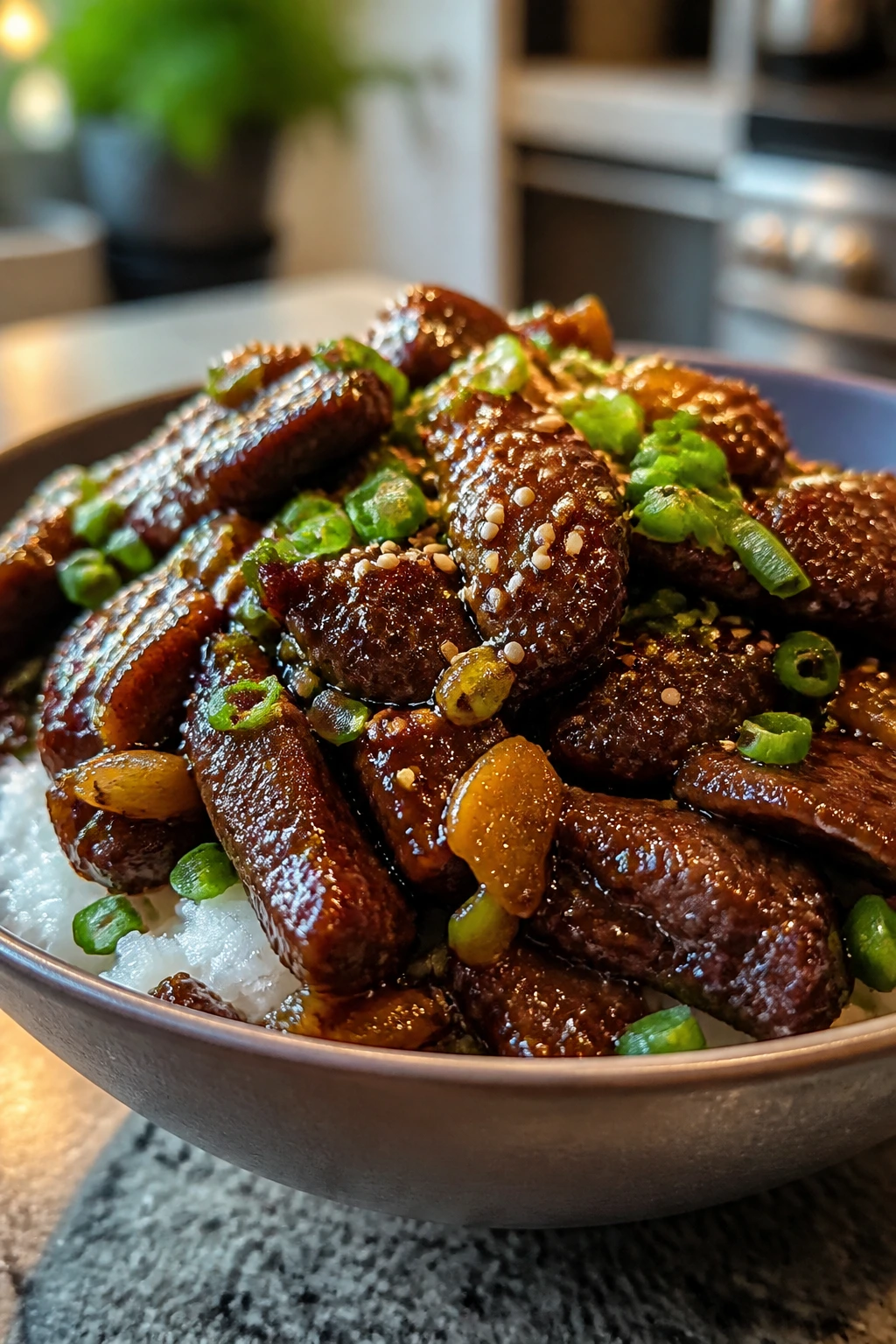 Glossy Korean beef over rice in a bowl with sesame seeds