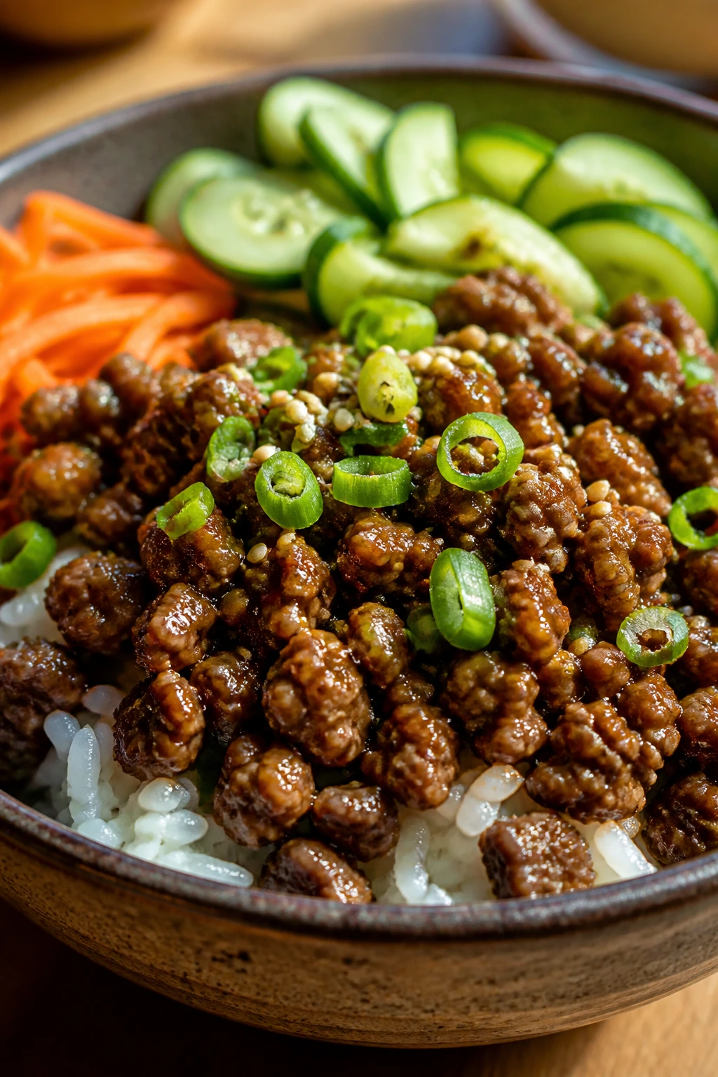 Close-up of Korean-style beef bowls over rice with toppings