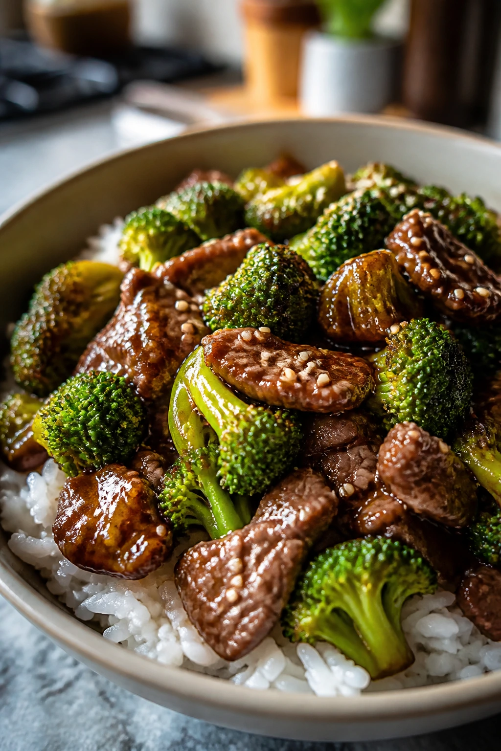 Korean beef broccoli over rice in a glossy bowl