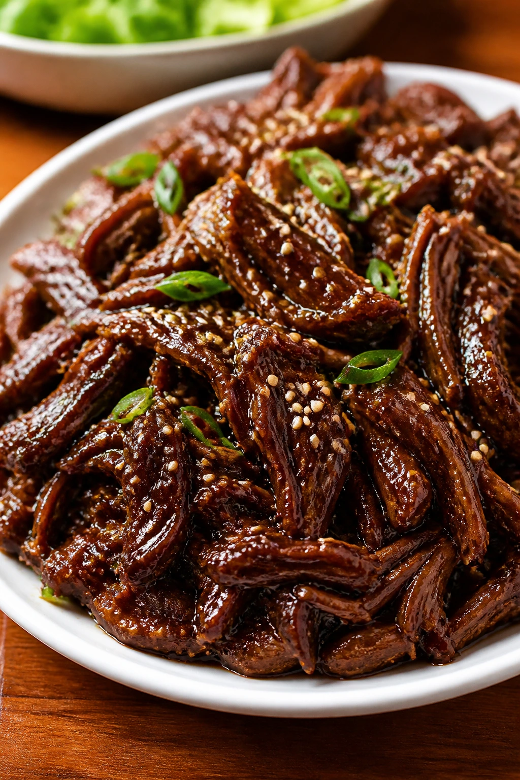 Glossy sticky Korean beef piled high on plate
