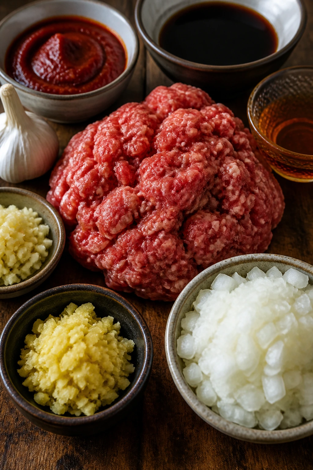 Ingredients for spicy Korean beef arranged around raw ground beef on a wooden board