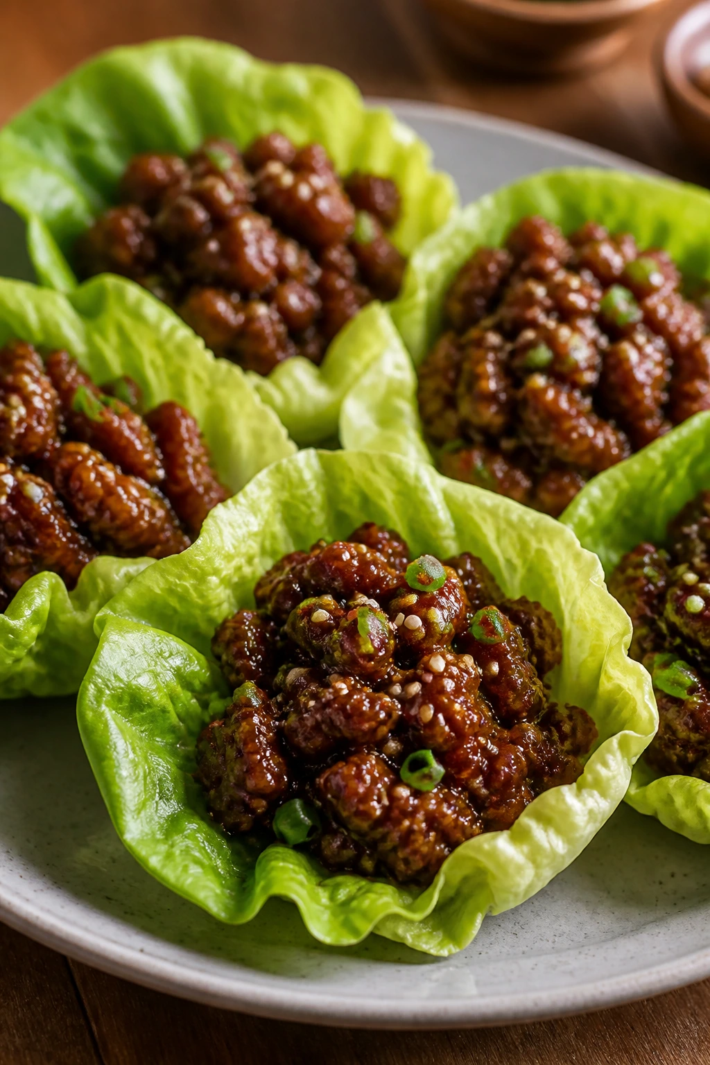 Beef lettuce cups filled with saucy ground beef on a plate