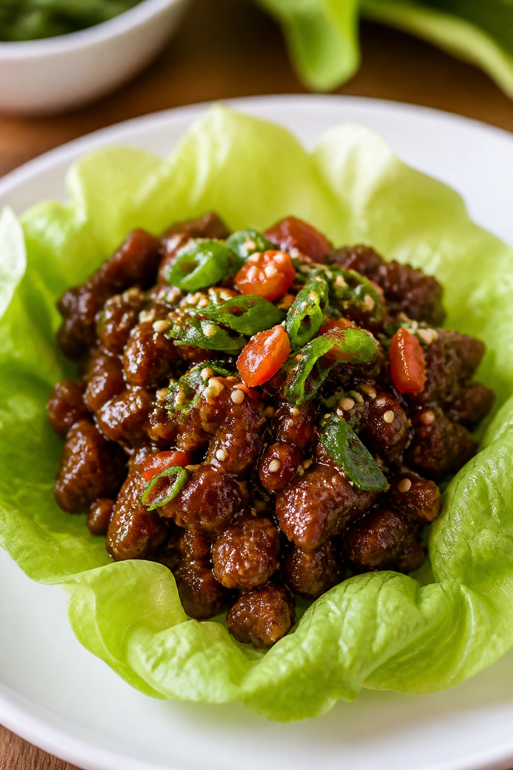Close-up of Korean-style beef in a butter lettuce cup