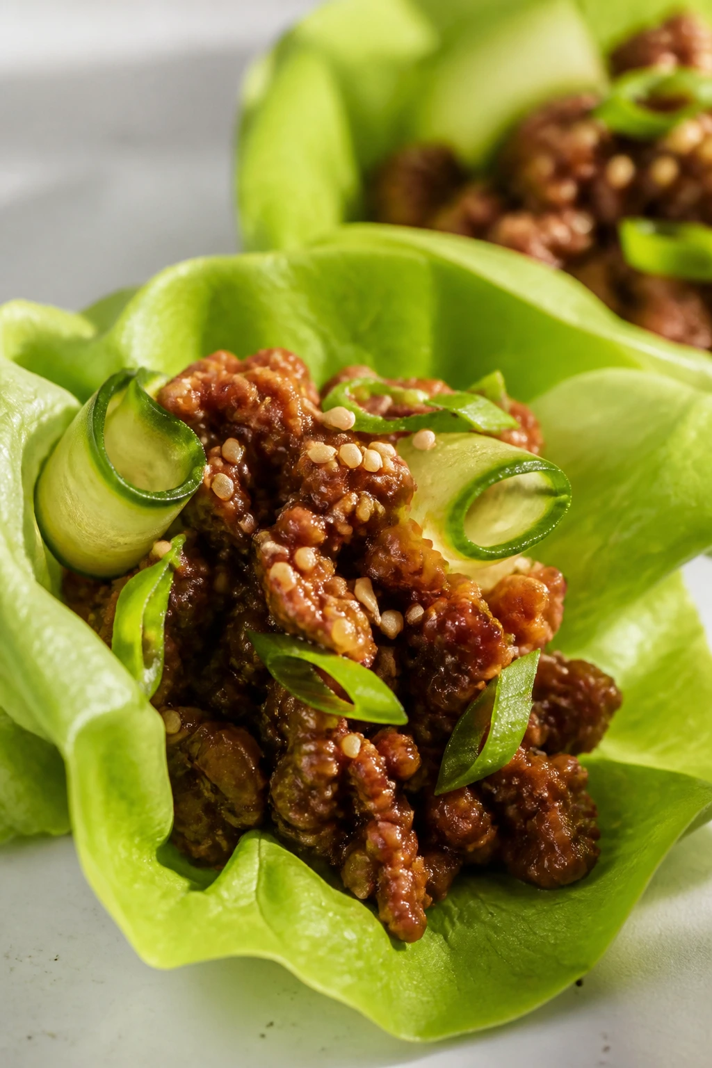Lettuce cup with Korean beef filling and sesame seeds