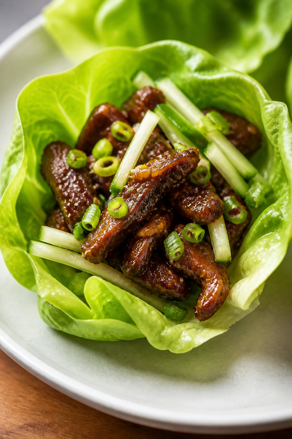Close-up of beef lettuce cup with cucumber and scallions
