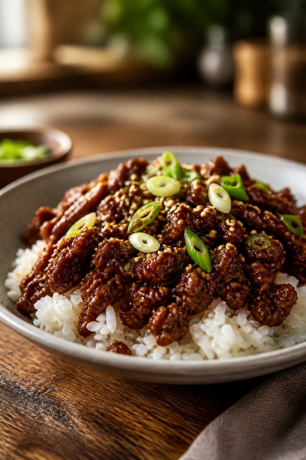 Plate of glossy spicy Korean ground beef over jasmine rice