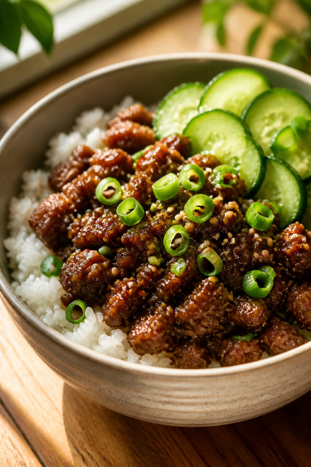 Glossy Korean beef over rice with scallions and cucumber in a bright kitchen setting.