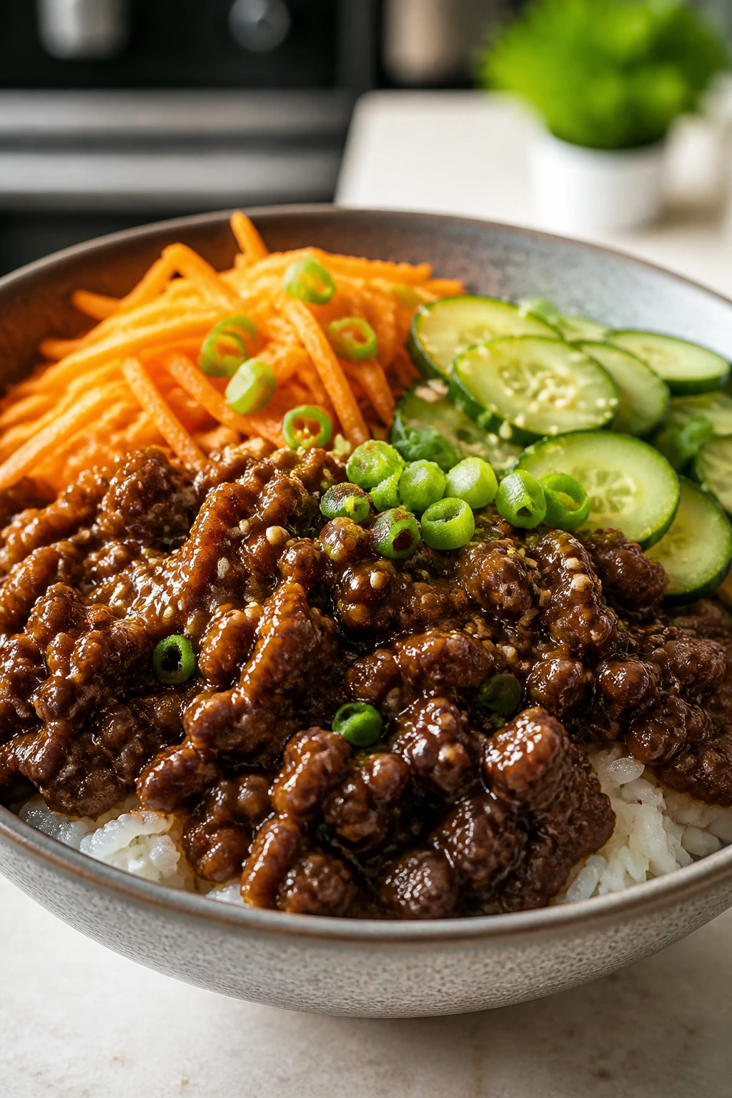 Large bowl of Korean beef over rice with vegetables