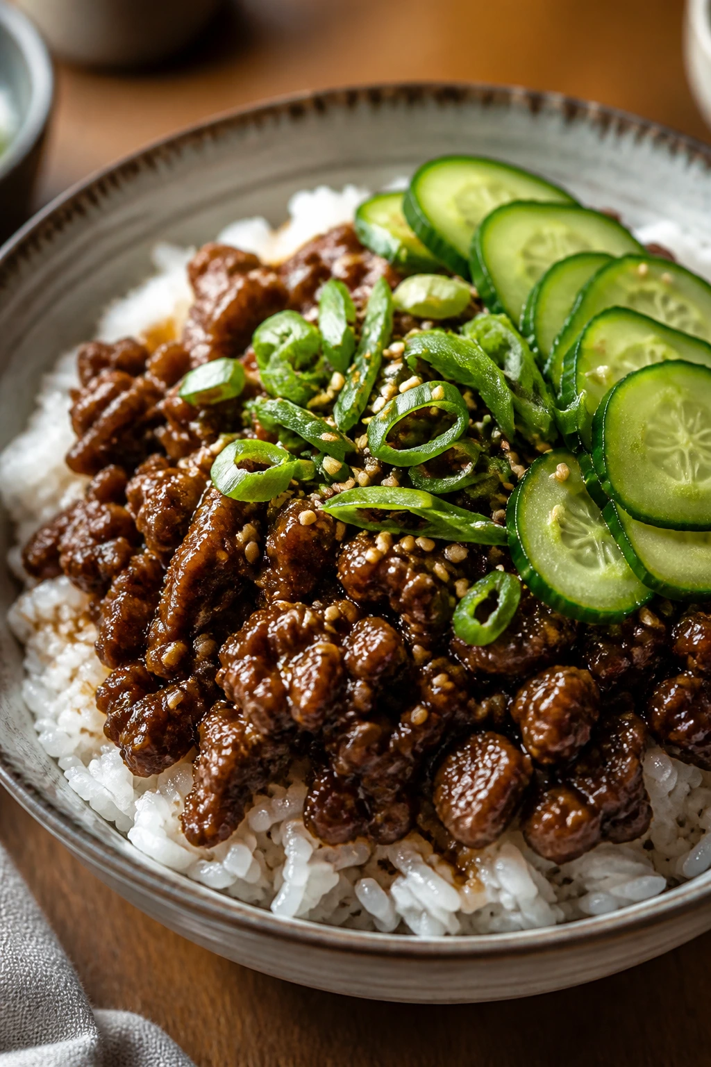 Korean beef rice bowls with cucumber and scallions on rice.