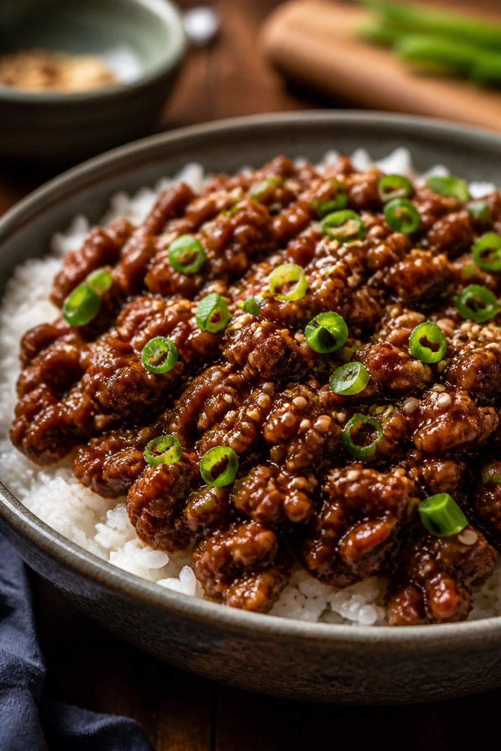 Korean beef over rice in a bowl with gochujang glaze
