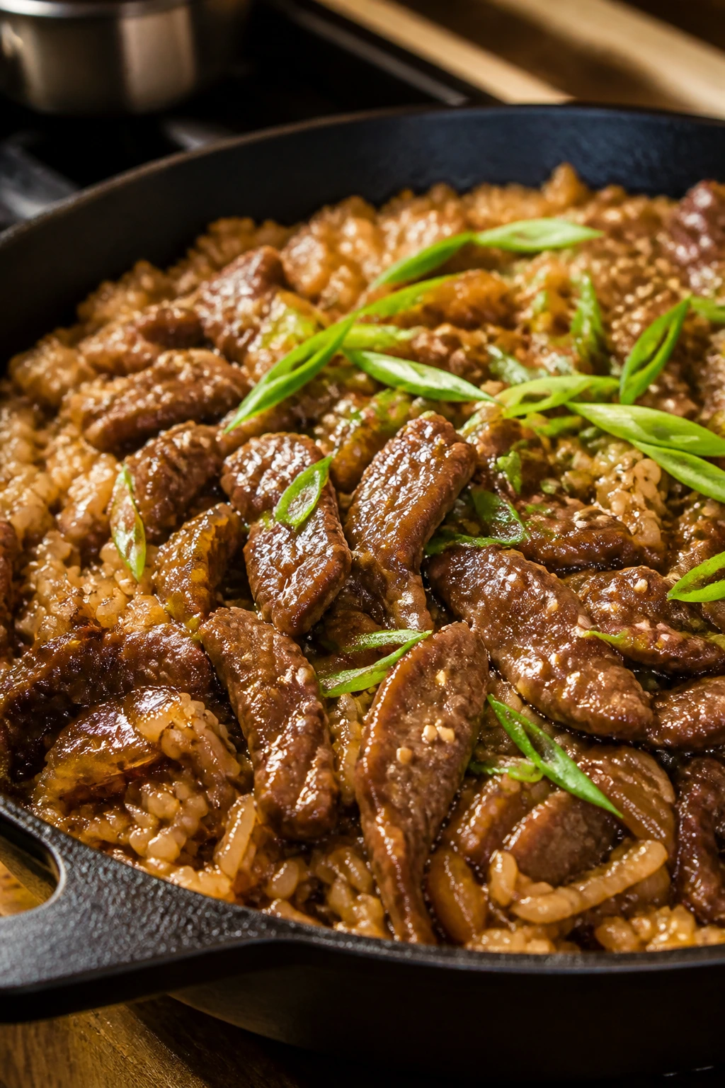 Close-up of Korean Beef Rice Skillet with glossy beef, rice, sesame and scallions