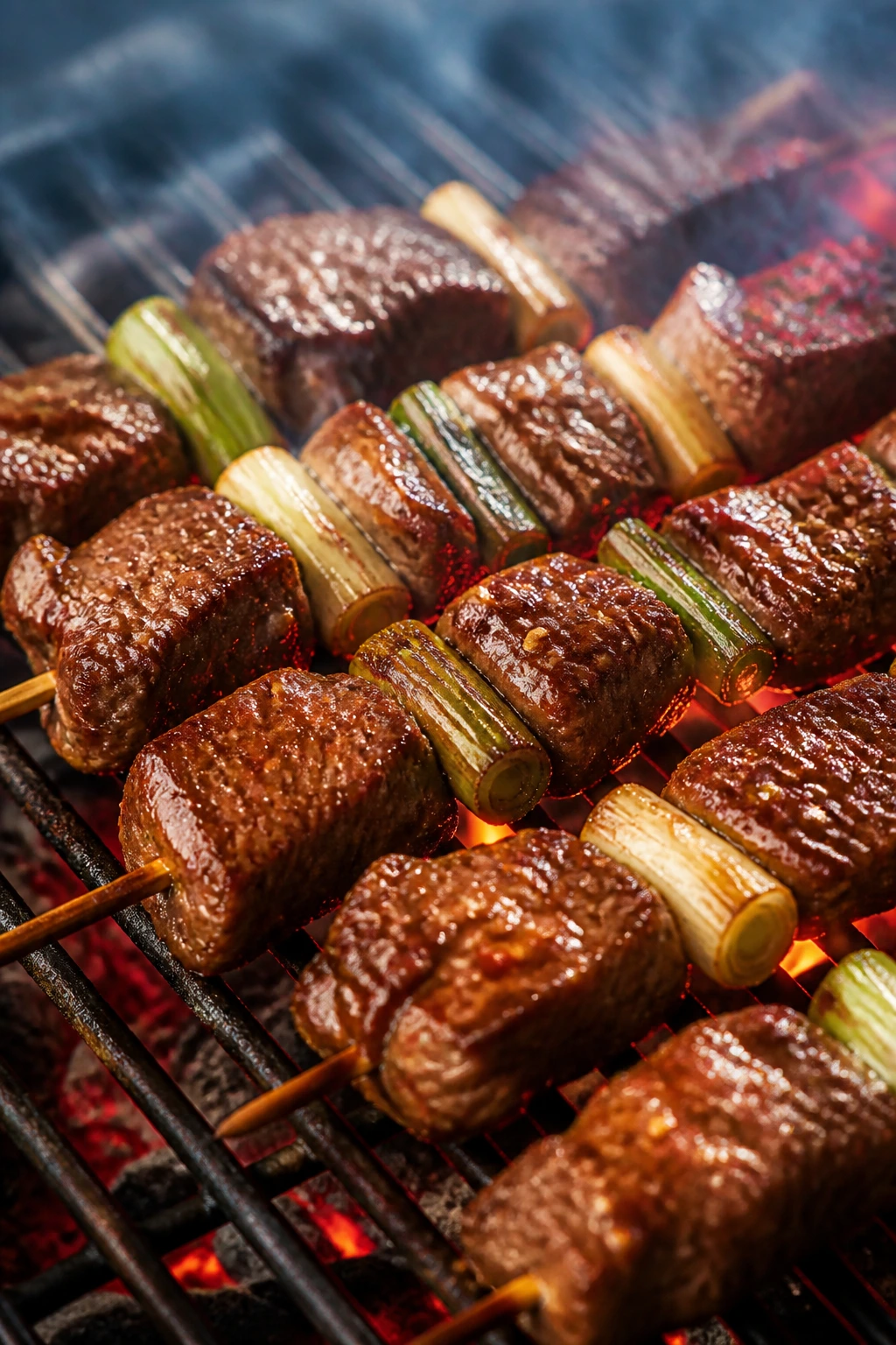 Beef and scallion skewers on a grill with gochujang marinade