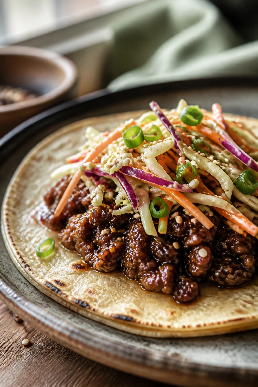 Korean beef taco with sesame slaw on rustic plate