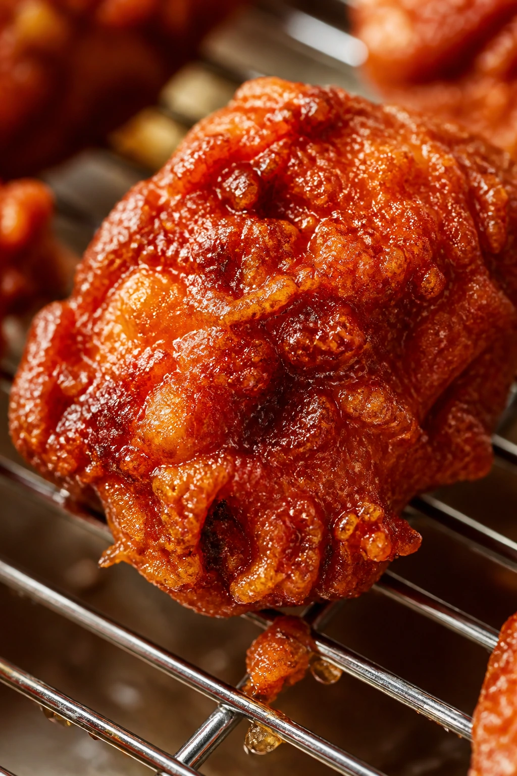 Close-up of a crispy Korean fried chicken wing on a wire rack, illustrating homemade crunch vs takeout.