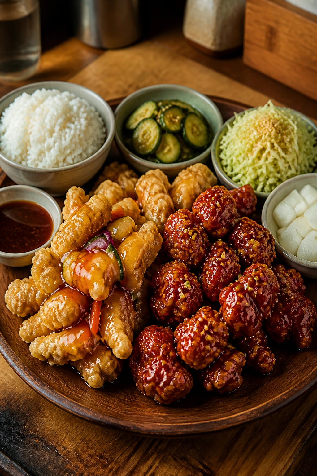 Close-up plate of crispy Korean fried chicken with rice and pickles, restaurant-style presentation