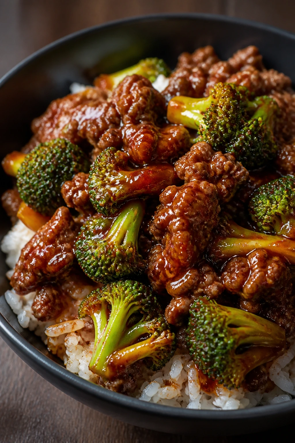 Bowl of gochujang beef with broccoli and rice in red glaze