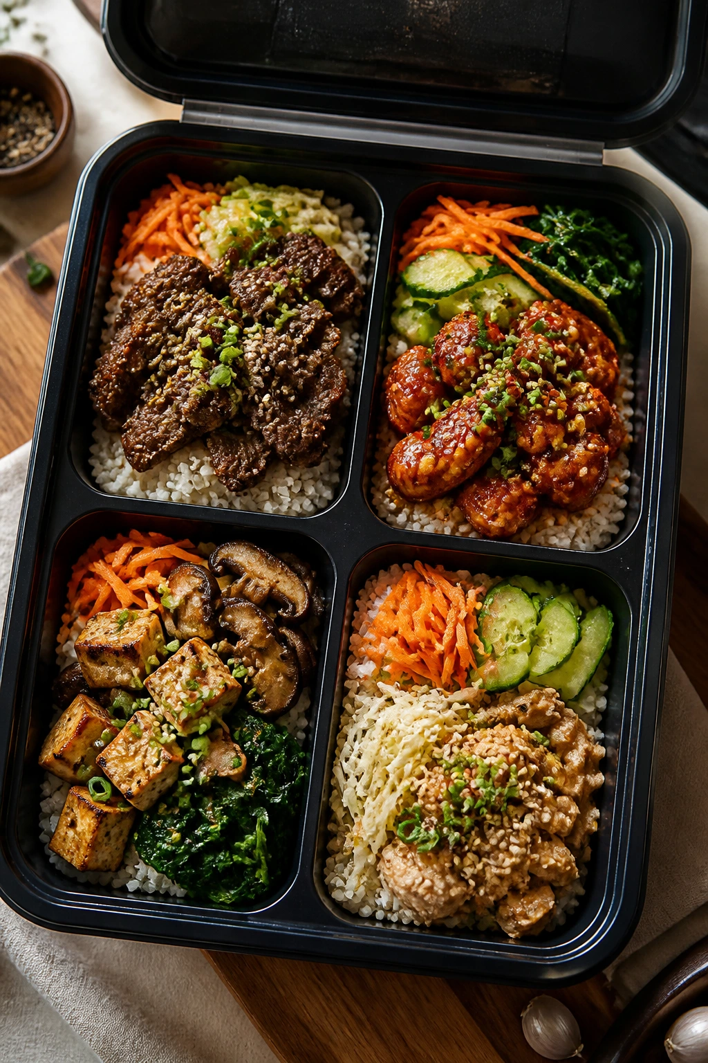 Four-compartment Korean meal prep box with varied dishes