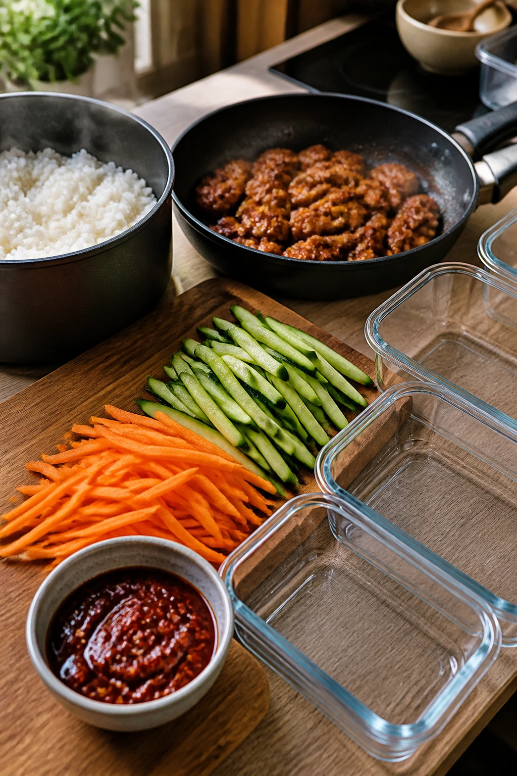 Close-up of a Korean meal prep setup with rice, protein, vegetables, and sauce in a bright kitchen