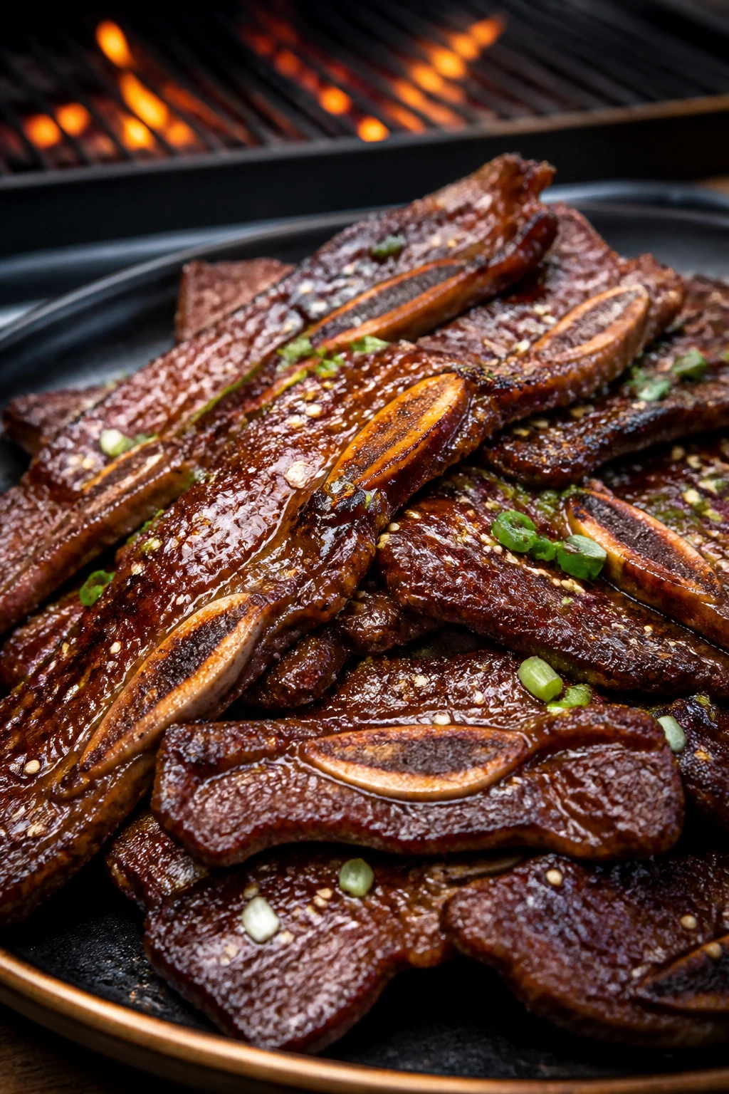 Close-up of Korean-style short ribs glazed and seared