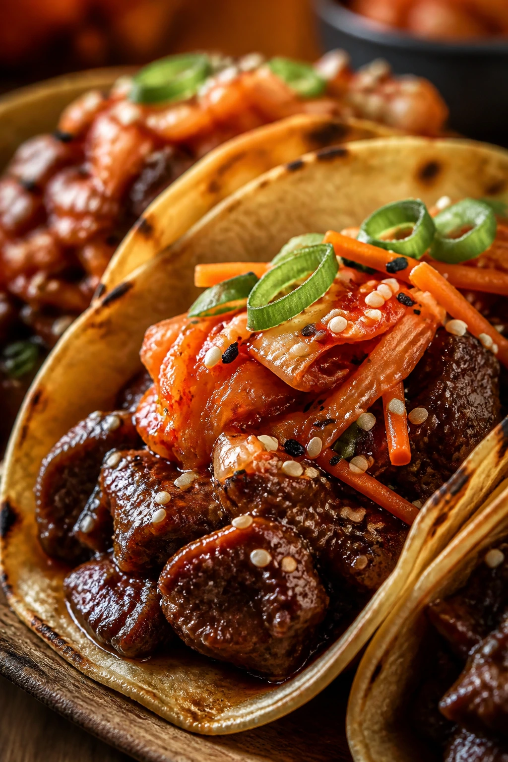 Close-up of Korean-style beef tacos with kimchi and sesame seeds