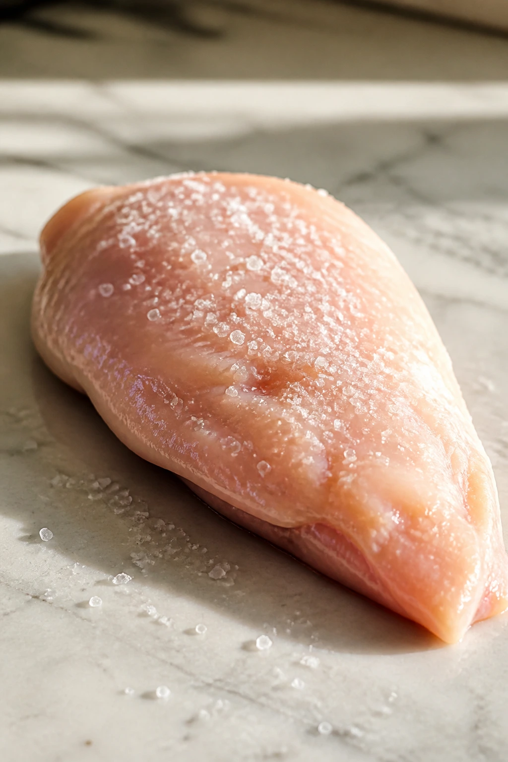 Chicken piece with kosher salt crystals on surface