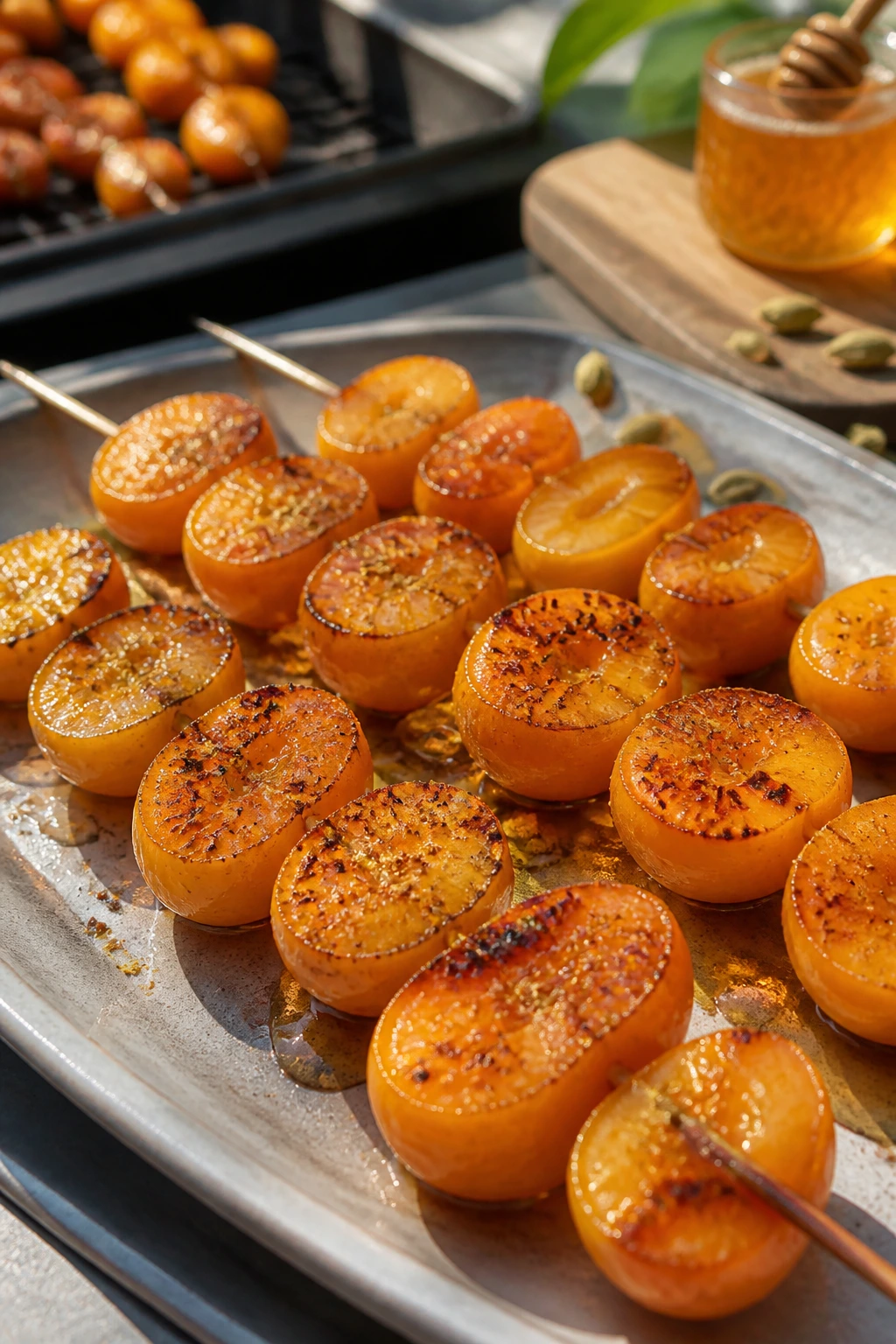 Kumquats on skewers with honey glaze and cardamom outdoors