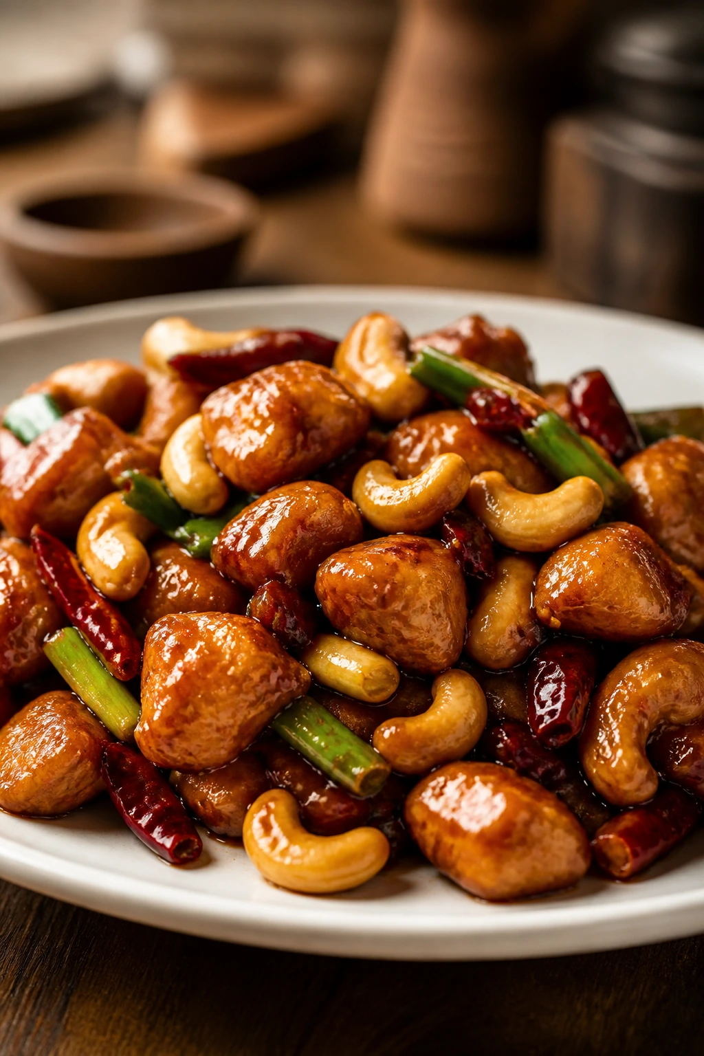 Cashew crunch Kung Pao Chicken with shiny sauce and cashews