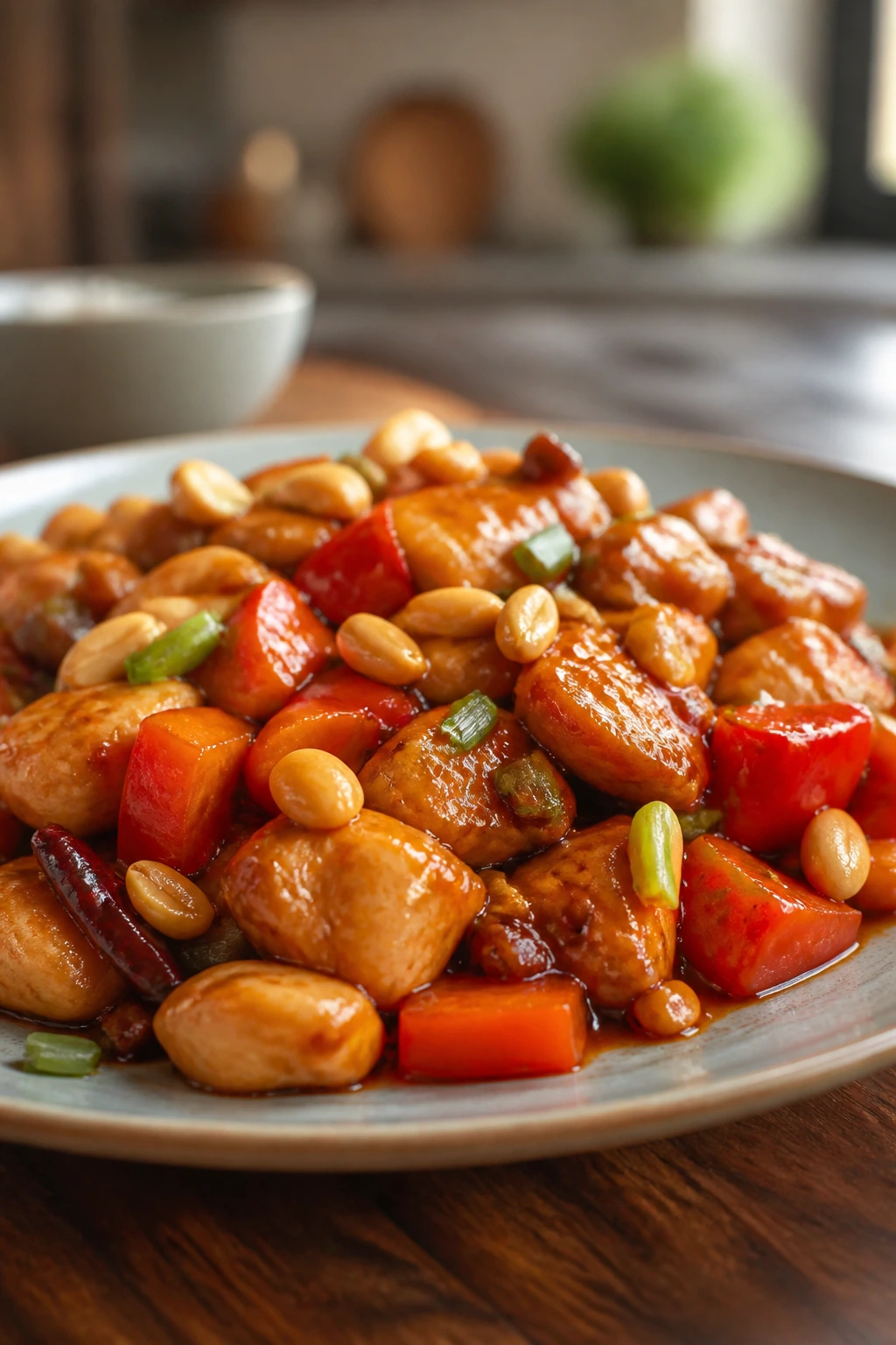 Close-up of kung pao chicken with peppers and peanuts on a plate