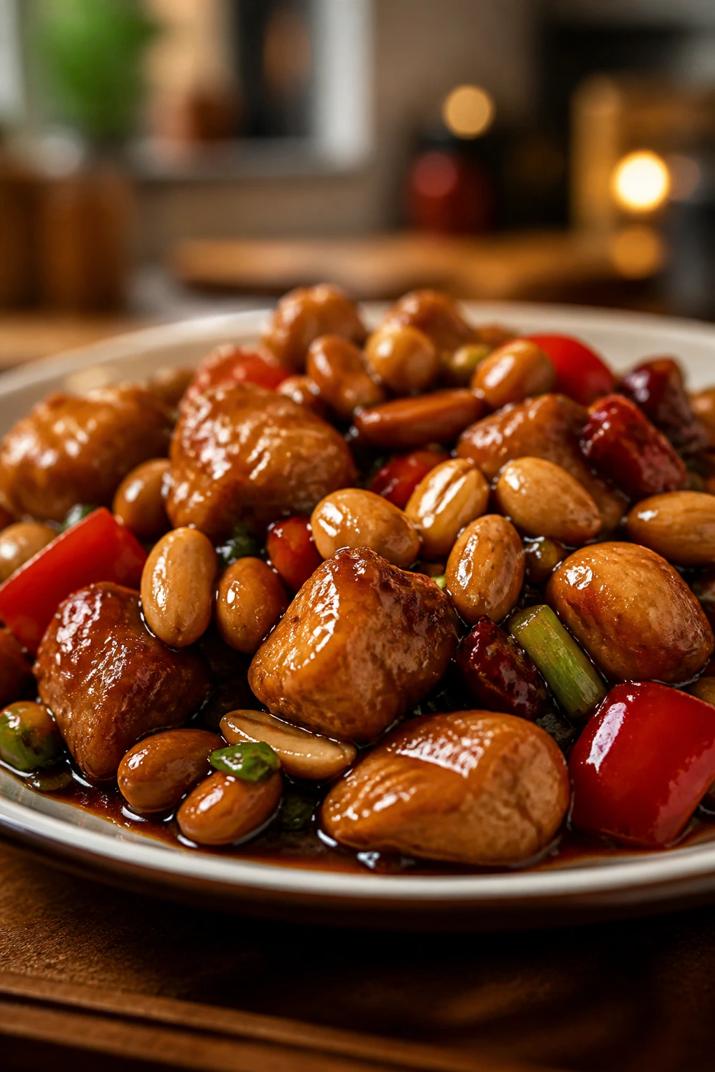 Kung Pao chicken with peanuts and peppers on plate