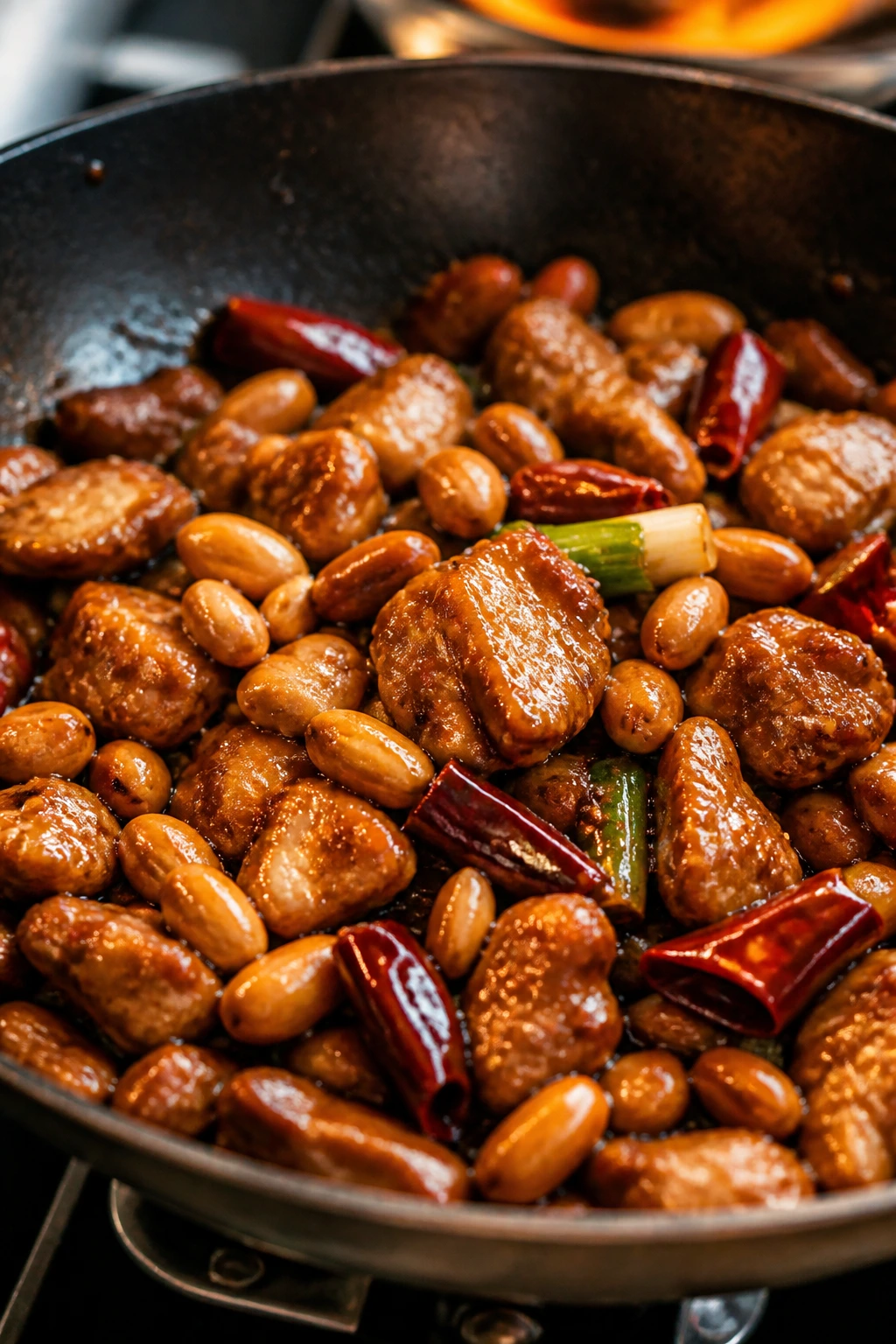 Kung Pao chicken with peanuts in a wok