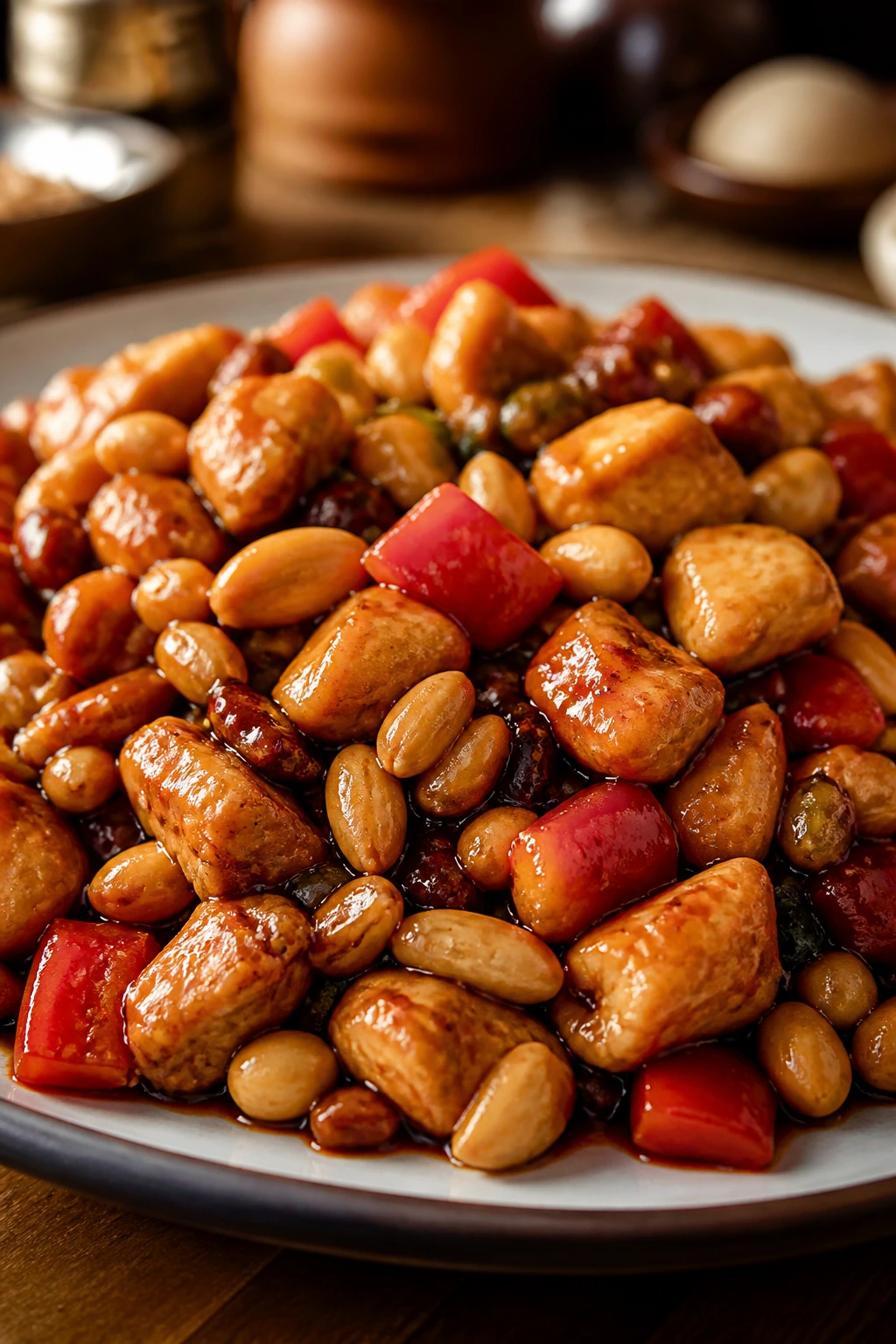 Kung Pao Chicken close-up with peppers and peanuts