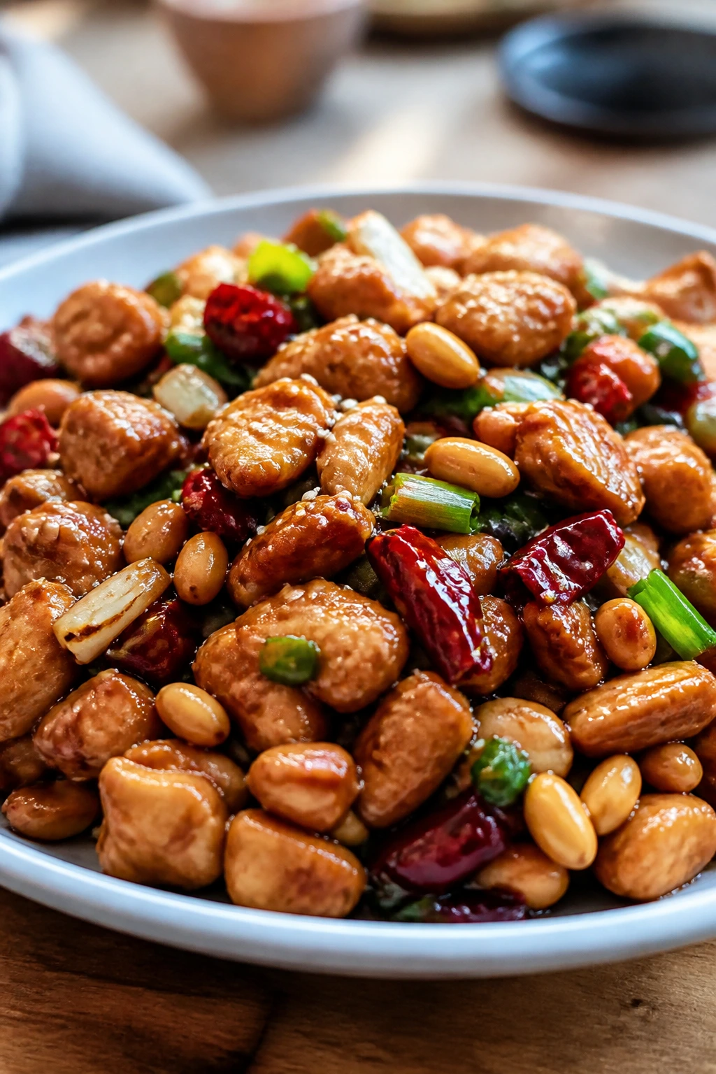 Diced chicken with peanuts and chilies in a glossy sauce on a plate