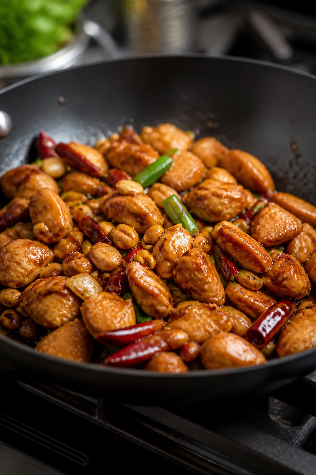 Kung Pao chicken with peanuts in a glossy sauce with chiles.