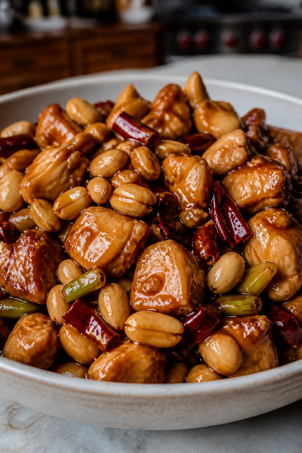 Kung Pao chicken with peanuts and dried chiles on a plate