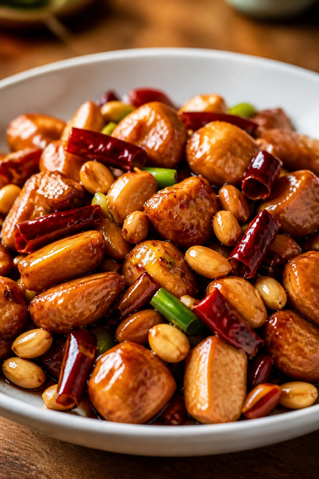 Kung pao chicken with peanuts and dried chilies in sauce