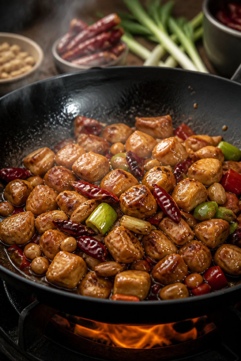 Close-up of kung pao chicken with peanuts and chilies in glaze