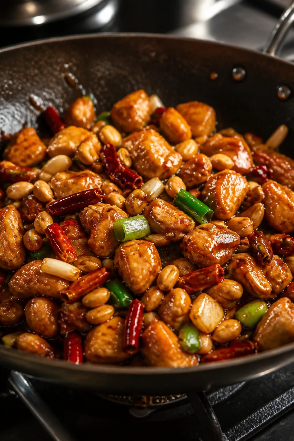 Close-up of Kung Pao Chicken with peanuts and chilies