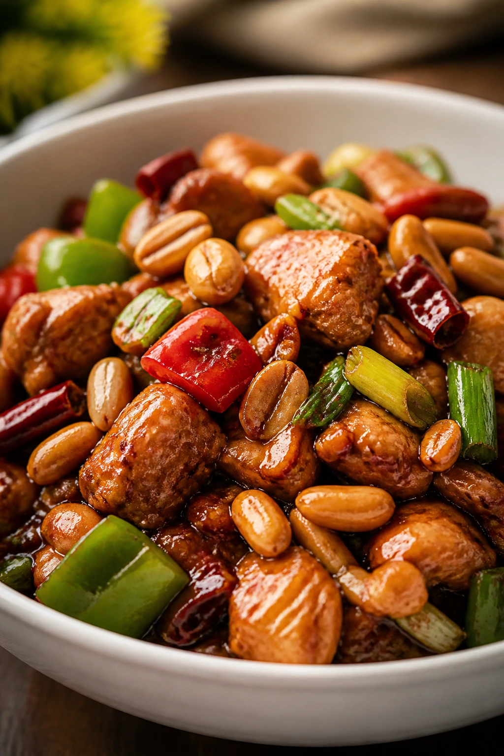 Kung Pao Chicken Sichuan Style: chicken with peppers and peanuts in a spicy glaze.