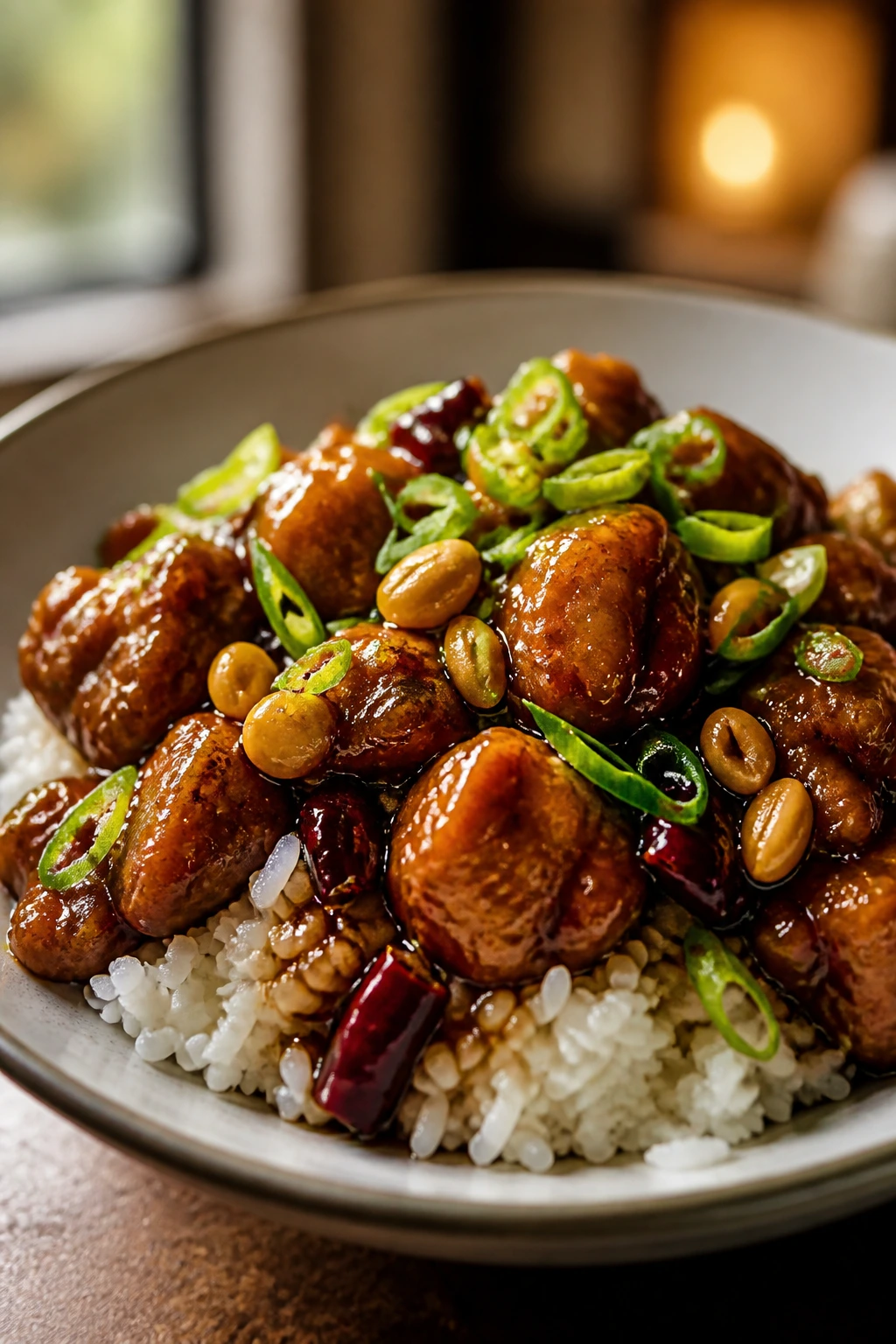Plate of Sticky Kung Pao Chicken over jasmine rice with scallions, plated finished look