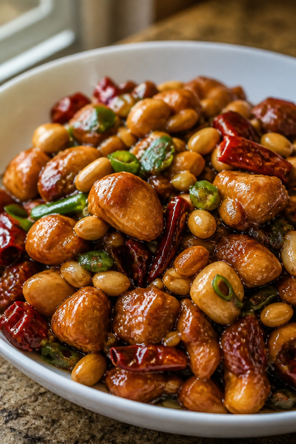Close-up Kung Pao Chicken with peanuts and peppers in glossy sauce