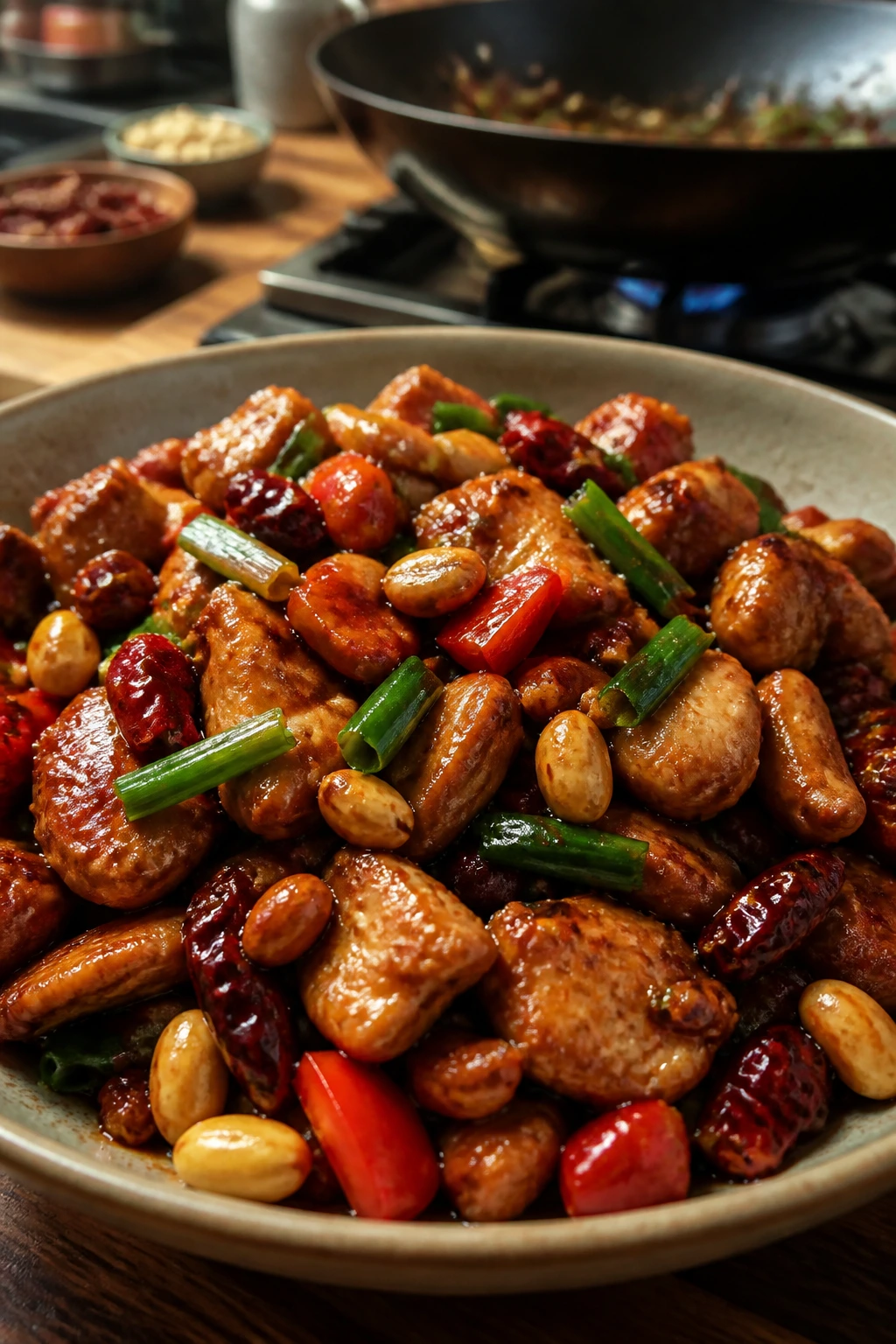 Close-up of Kung Pao Chicken with peanuts and chiles in glossy sauce