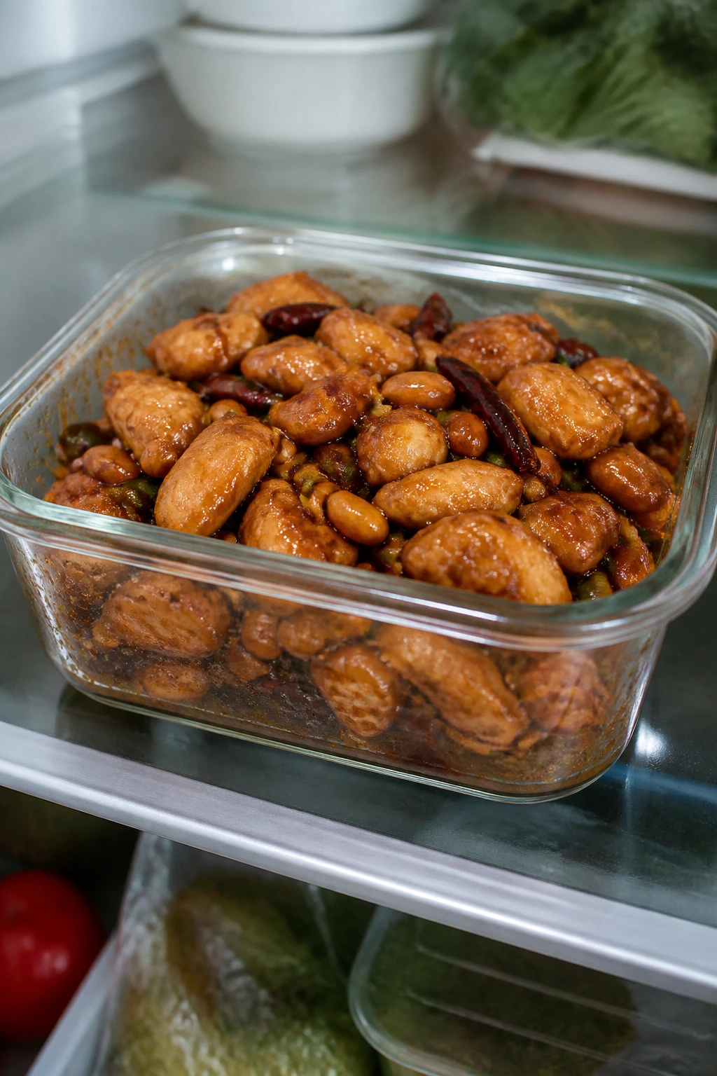 Glass container with Sticky Kung Pao Chicken in the fridge
