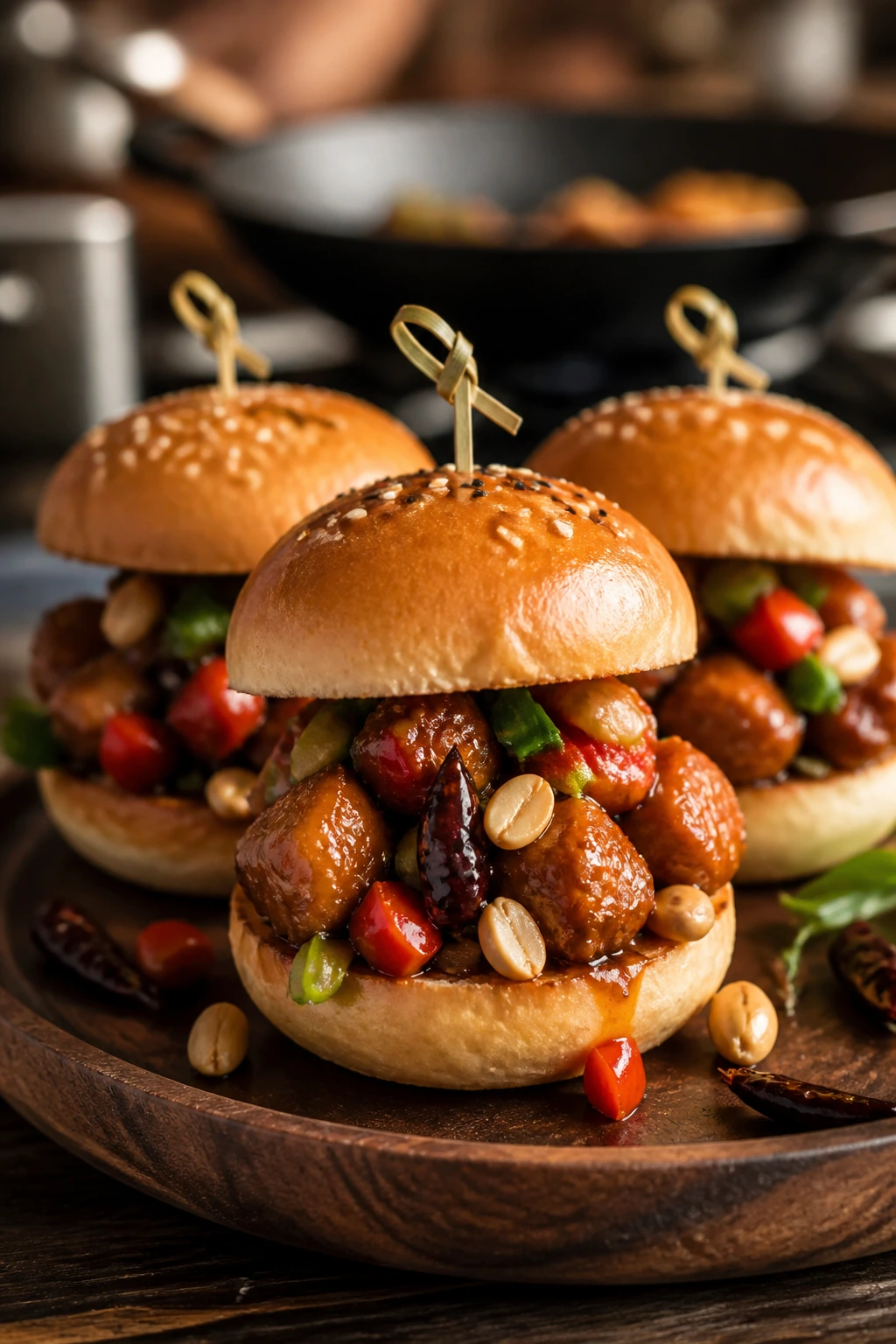 Close-up of kung pao chicken slider with peanuts and peppers.