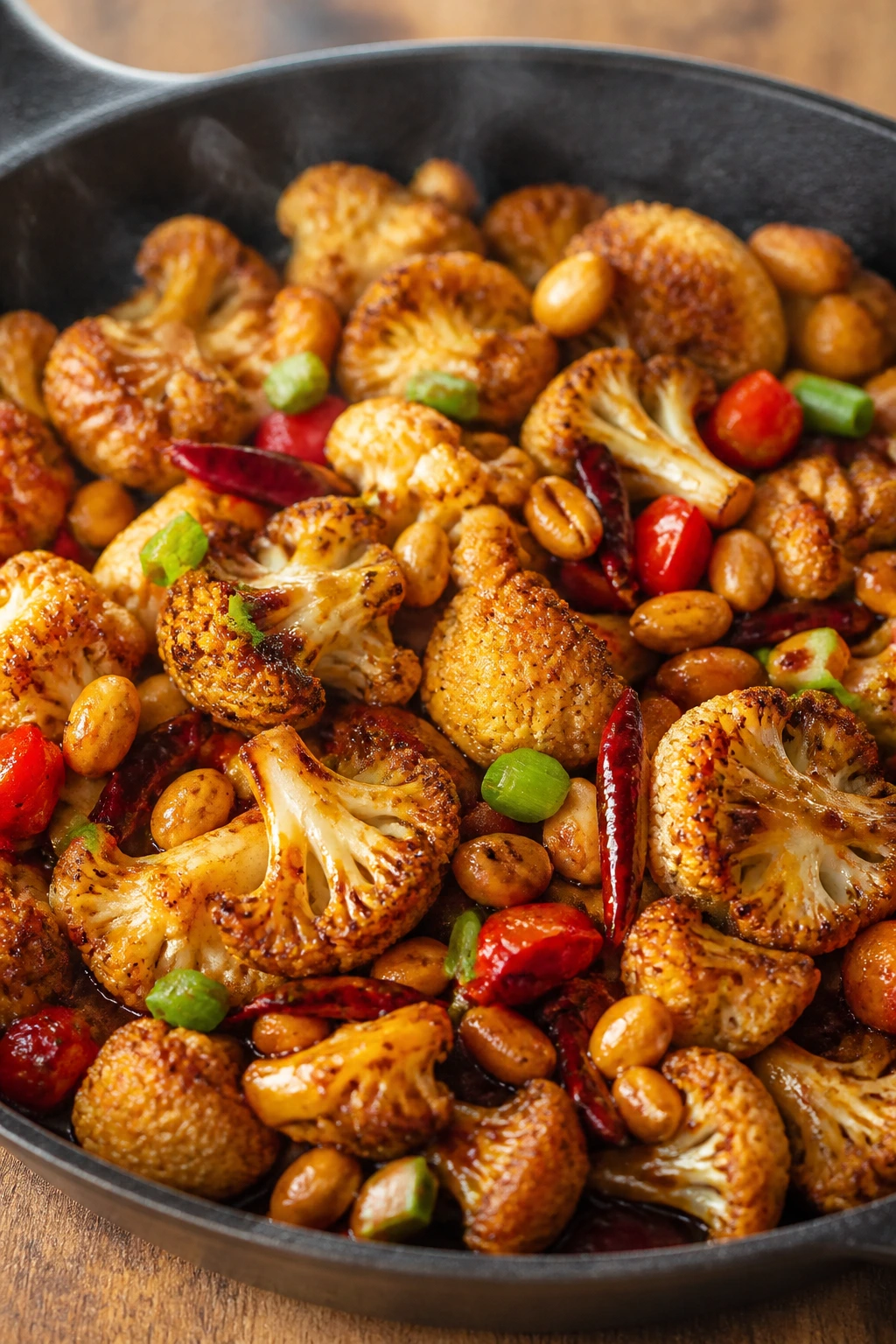 Close-up of Kung Pao Cauliflower with peanuts and chiles in a hot pan