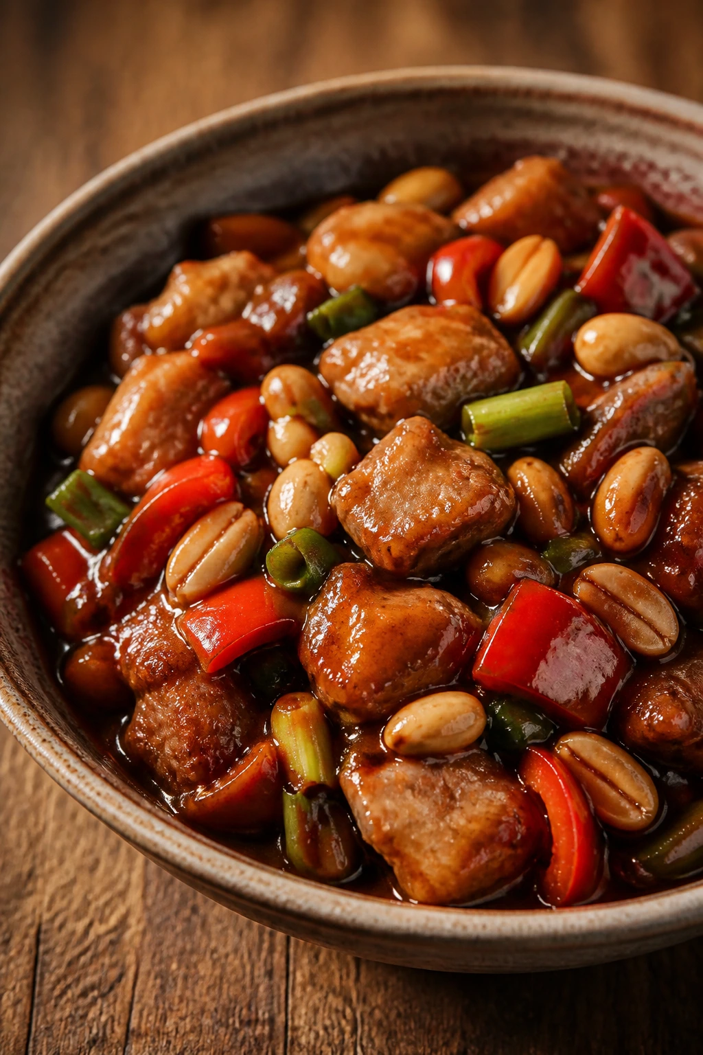 Close-up of a glossy Kung Pao Chicken bowl with peppers and peanuts