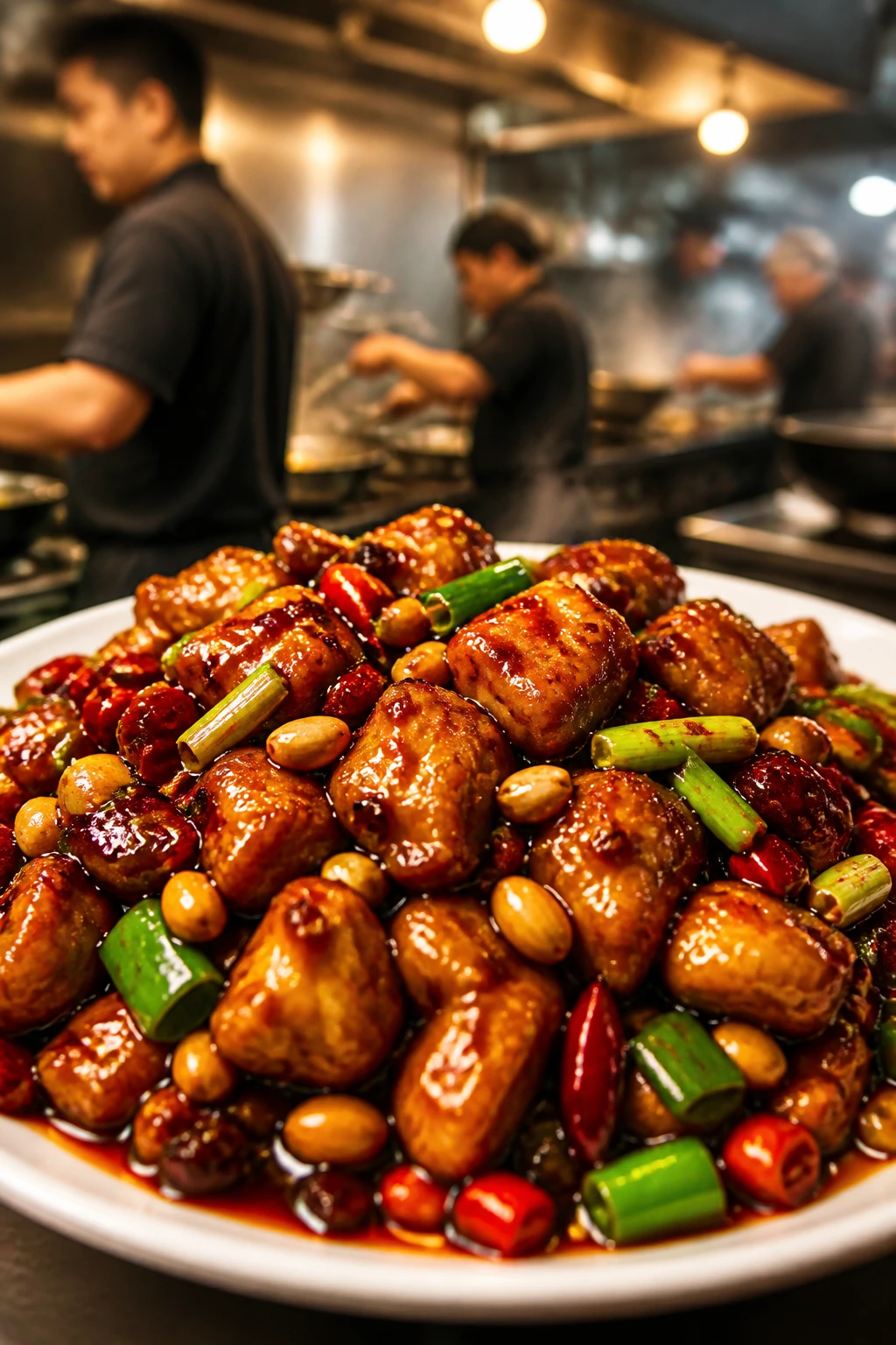 Close-up of kung pao chicken in glossy sauce in a bowl, kitchen blurred background
