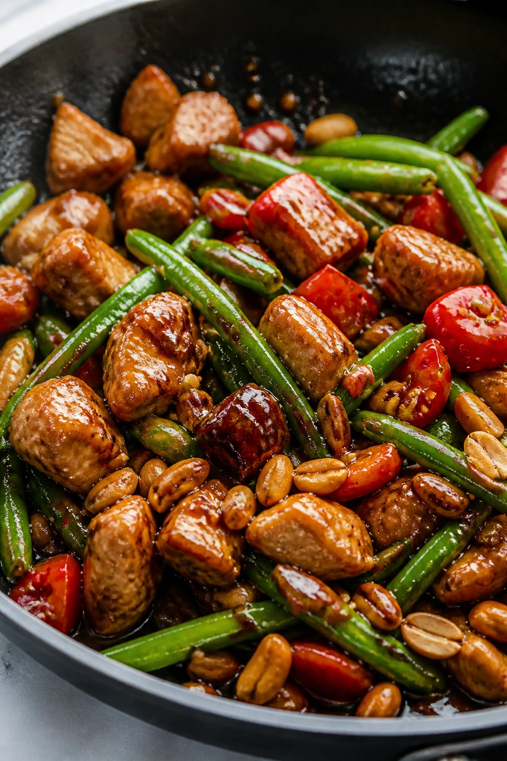 Close-up of kung pao chicken with green beans and peanuts in a glossy skillet