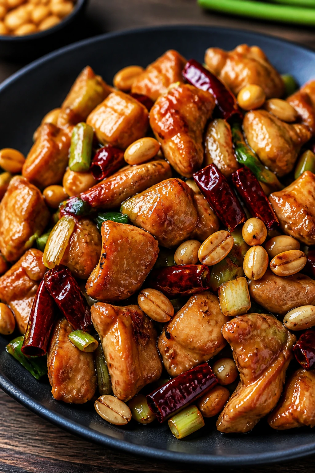 Kung Pao chicken with chiles and peanuts on plate