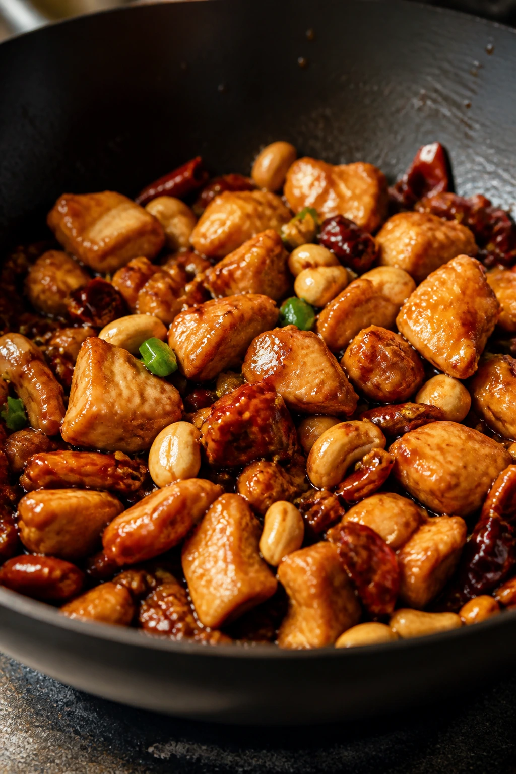 Kung Pao chicken with peanuts and chilies in glossy sauce