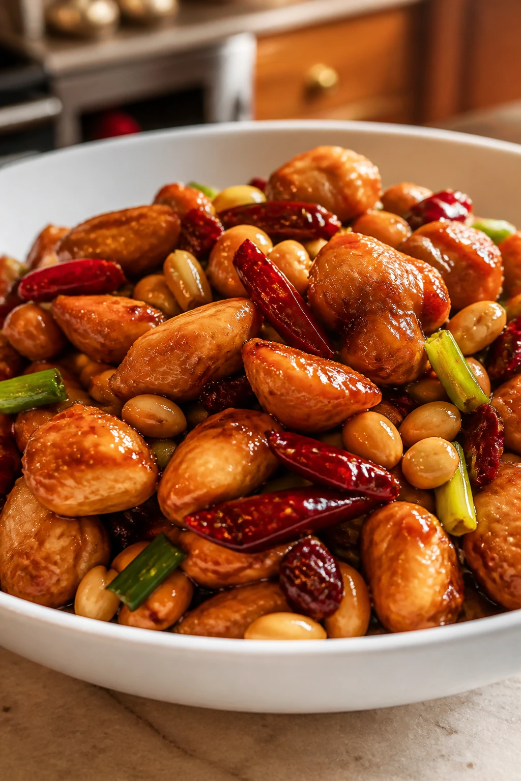 Close-up of Kung Pao Chicken with peppers, peanuts, and glossy sauce in a bowl